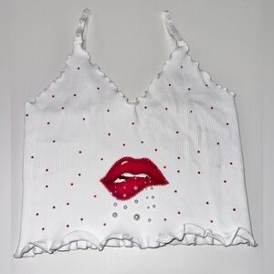 White Tank Top Crop Top with Red Lips Design